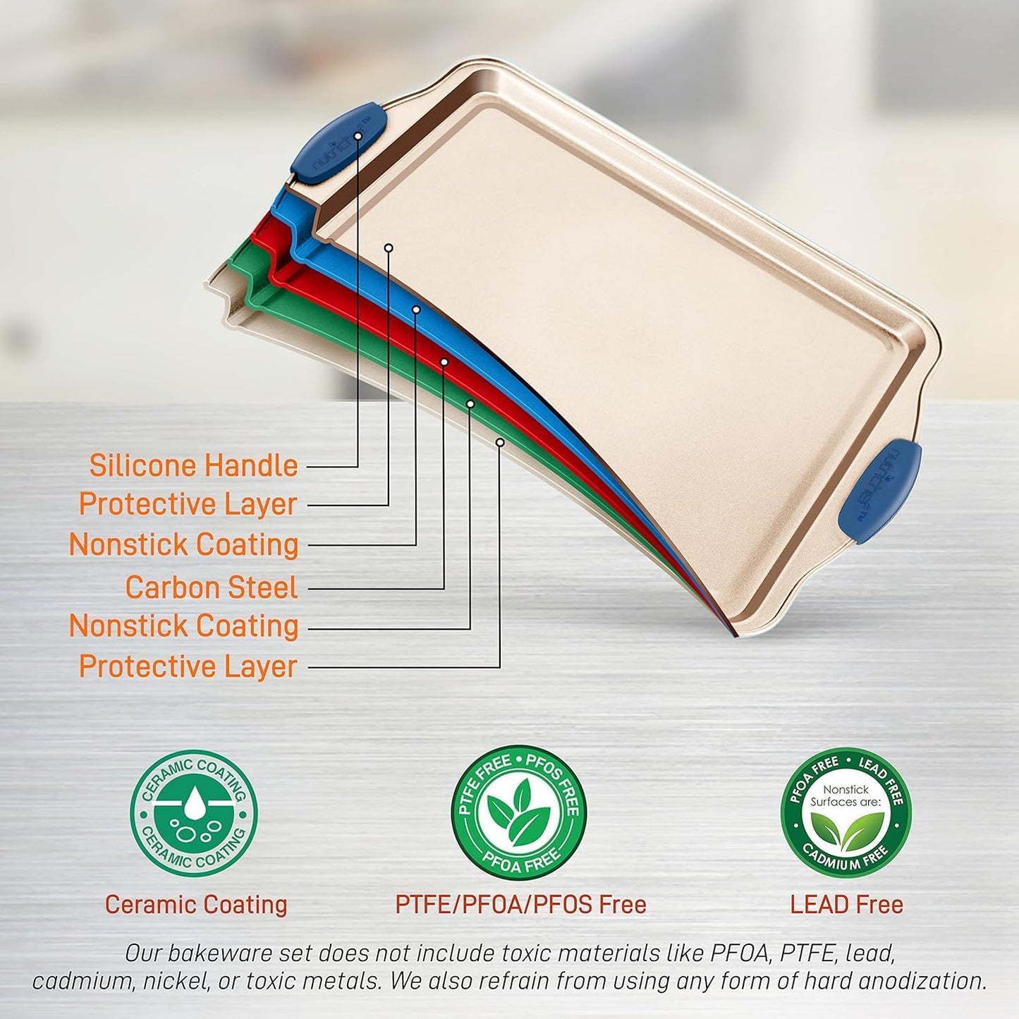 NutriChef 3-Piece Nonstick Bakeware Set - Premium Carbon Steel Oven Baking Trays w/Blue Silicone Handles - Small, Medium & Large Cookie Sheet Pans - PFOS, PFOA, PTFE-Free, Easy to Clean