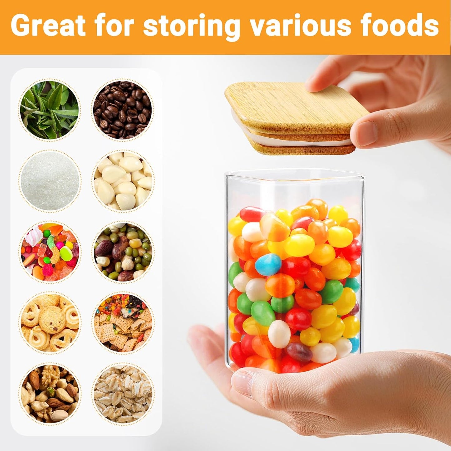 Square Glass Storage Jars Set of 2, 8 Fl.oz Glass Containers with Bamboo Lids, Clear Spice Jars Kitchen Pantry Canister for Candy Sugar Coffee Tea Oats - Included Labels, Spoon and Marker