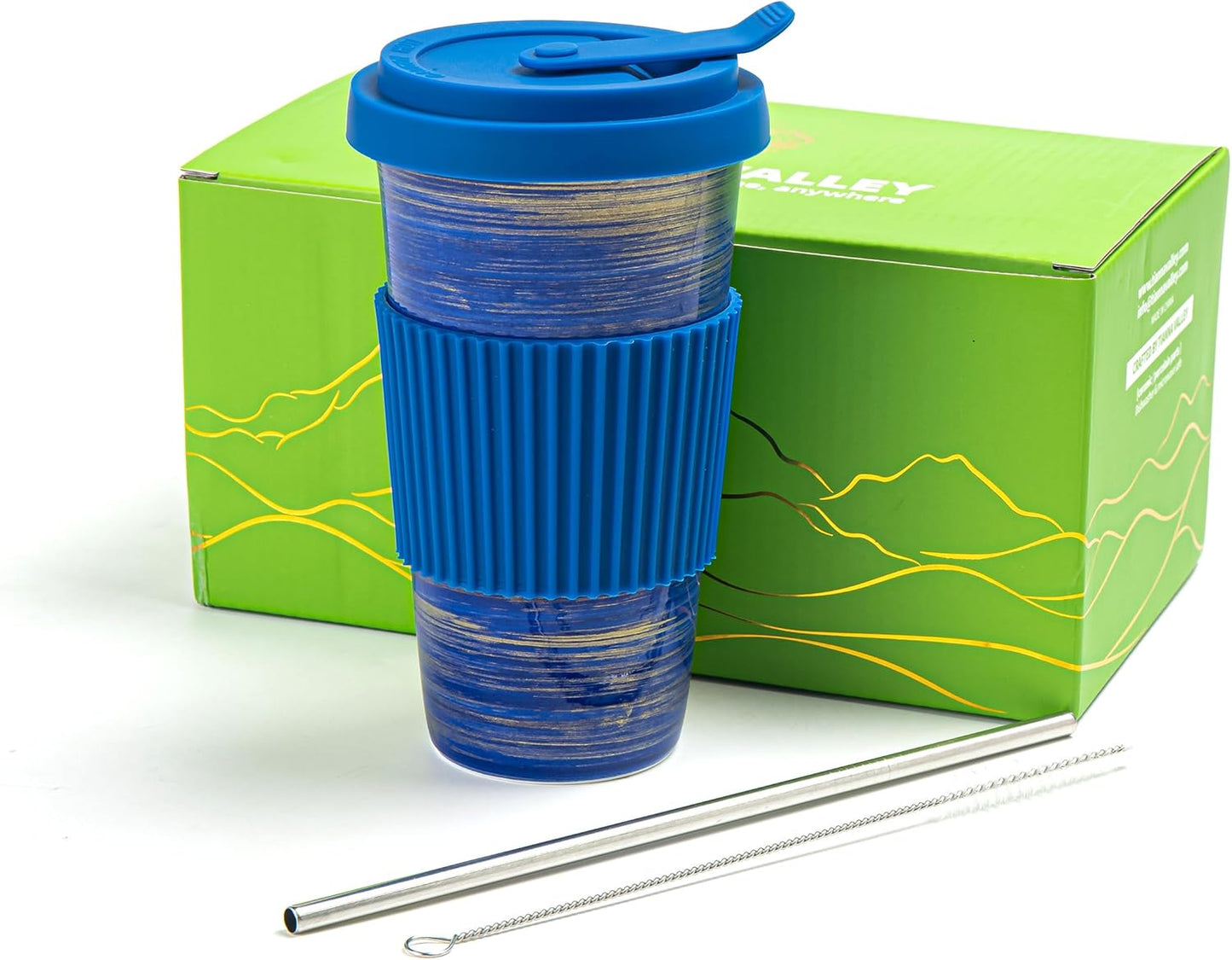 Travel Coffee Mug Blue, Ceramic Coffee Mug With Lid And Drinking Straw(15oz/450ml), Handcrafted Novelty Travel Mugs, Microwave & Dishwasher Safe Tumbler With Lid, Unique Gifts