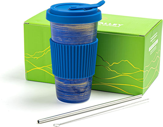 Travel Coffee Mug Blue, Ceramic Coffee Mug With Lid And Drinking Straw(15oz/450ml), Handcrafted Novelty Travel Mugs, Microwave & Dishwasher Safe Tumbler With Lid, Unique Gifts