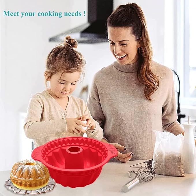 Kenond 9.5 Inch Silicone Cake Pans, Non-stick Fluted Cake Pan with Sturdy Handle, Cake Baking Molds, Perfect Bakeware for Cake, Jello, Gelatin, Bread, Para Gelatinas (Red)
