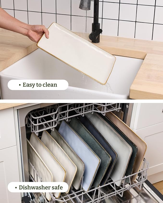 famiware Serving Platter, Rectangular 15.67/14.1/12.6inch Serving Dishes for Entertaining, Microwave Dishwasher Safe, Stoneware Serving Trays for Party, Turkey, Cheese, Ocean Series, Vanilla White