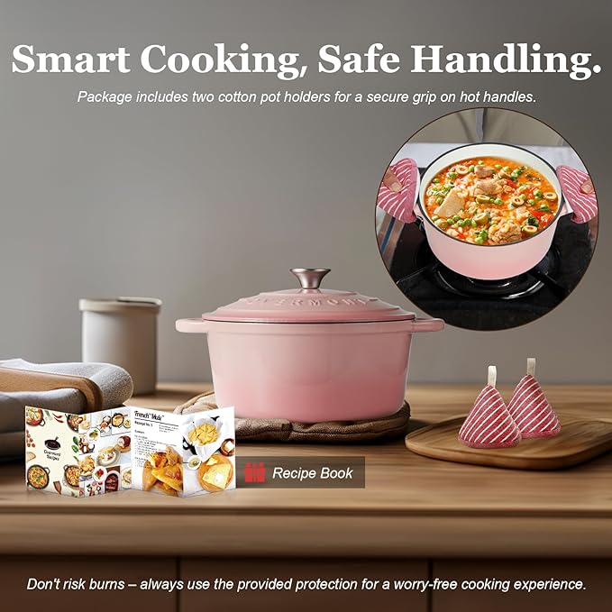 Overmont Enameled Cast Iron Dutch Oven - 5.5QT Pot with Lid Cookbook & Cotton Potholders - Heavy-Duty Cookware for Braising, Stews, Roasting, Bread Baking pink