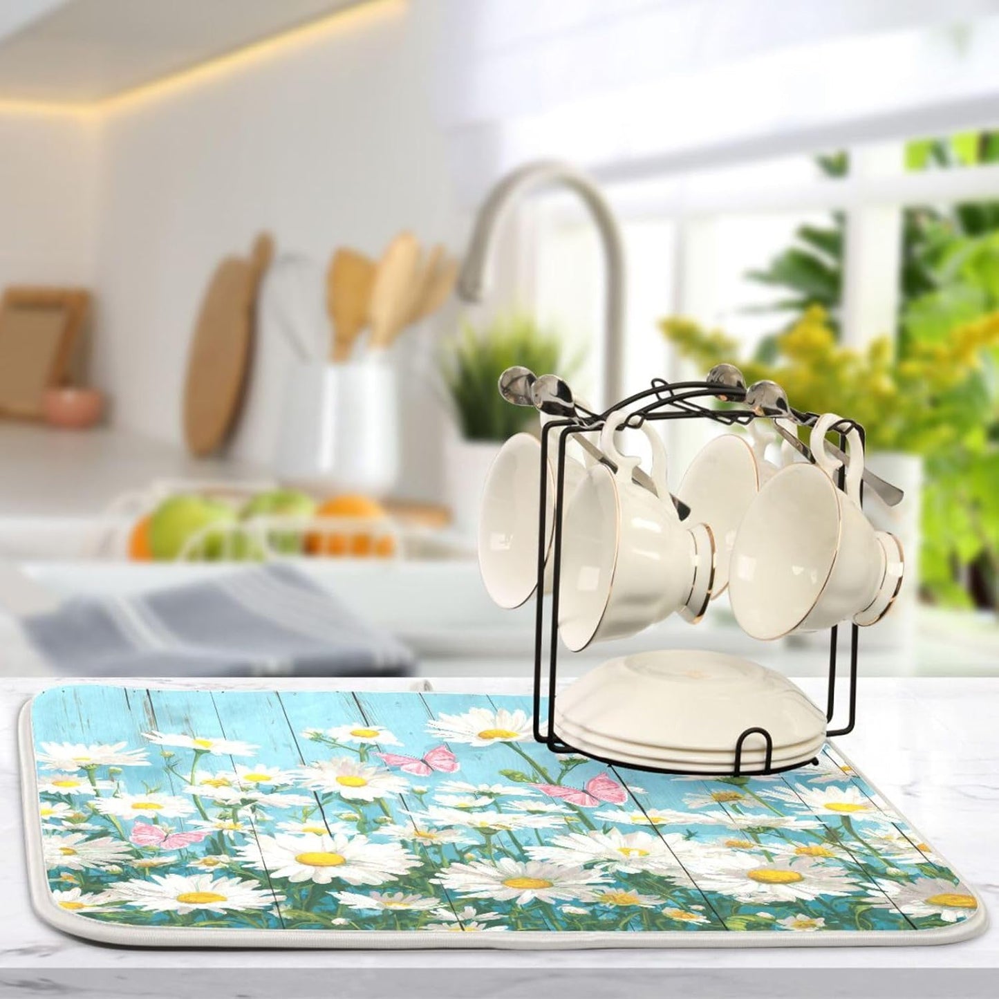 Daisies Flower Pink Butterflies Dish Drying Mat for Kitchen Counter Super Absorbent Dishes Pad Reversible Microfiber Protector Dish Draining Mats 16x18 inch