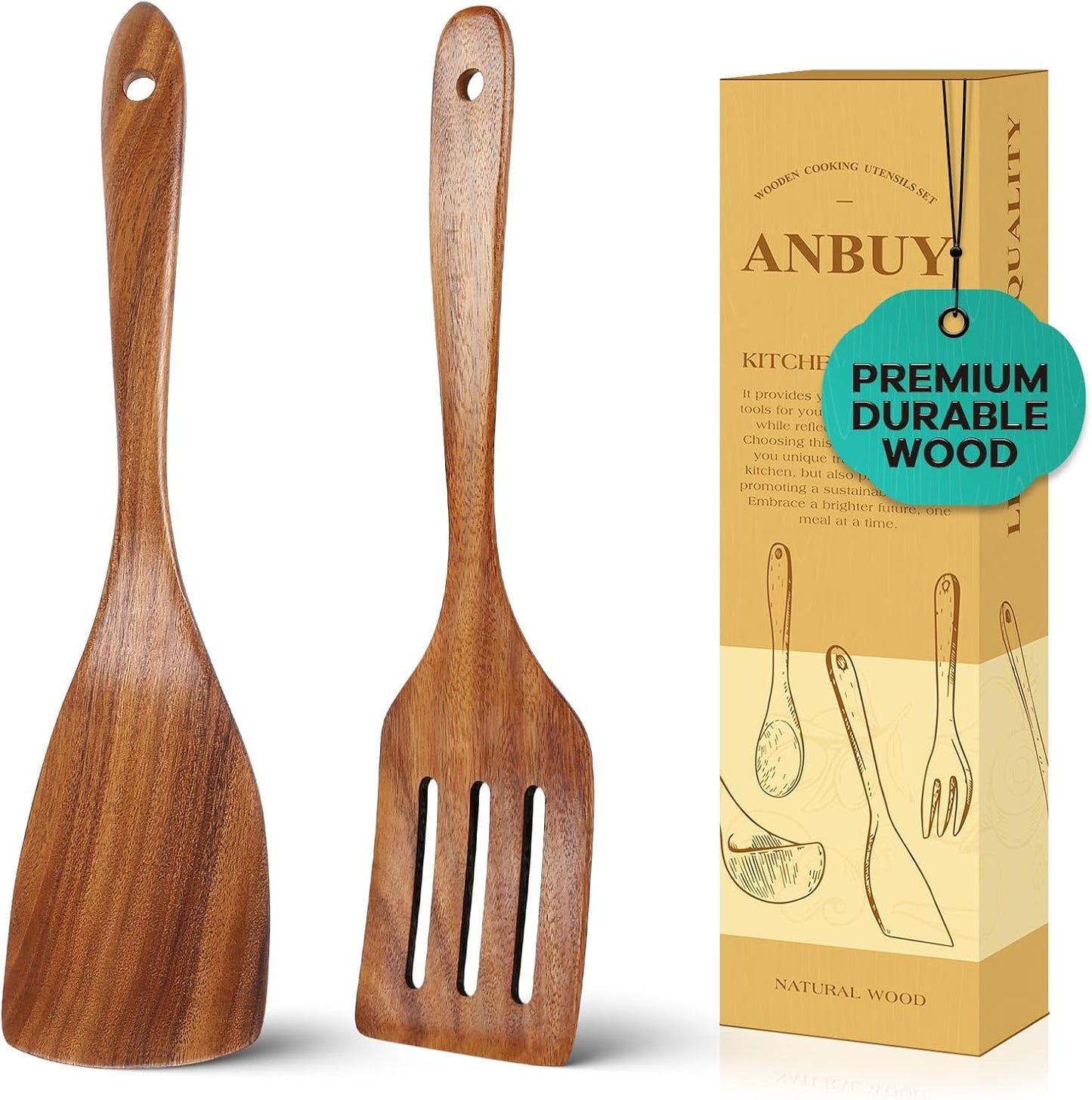 2Pcs Wooden Spatula and Wood Turner for Cooking, Wood Spatulas for Kitchen Use,Spatula Cooking Spoons Utensil Set, Flat Turner Set, Non Scratch