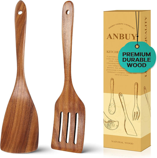 2Pcs Wooden Spatula and Wood Turner for Cooking, Wood Spatulas for Kitchen Use,Spatula Cooking Spoons Utensil Set, Flat Turner Set, Non Scratch