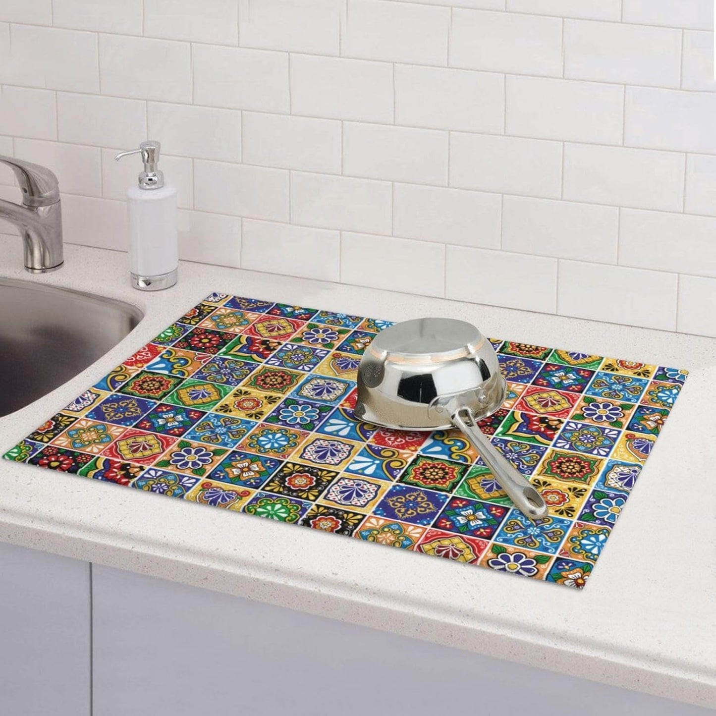 Mexican Talavera Tile Microfiber Dish Drying Mats, Colorful Absorbent Kitchen Mat for Dishes & Counter, 18 x 24 Inch Washable Foldable Reuasble, Kitchen Home Decor, Holiday Festival Housewarming Gift
