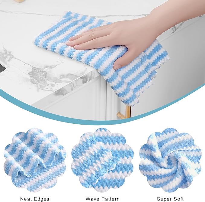 Homaxy Kitchen Towels(12 Pack, 10 x 20 inches), Ultra Soft and Absorbent Dish Towels, Reusable Fast Drying Microfiber Cleaning Cloth, Coral Velvet Wave Design No-lint, Blue