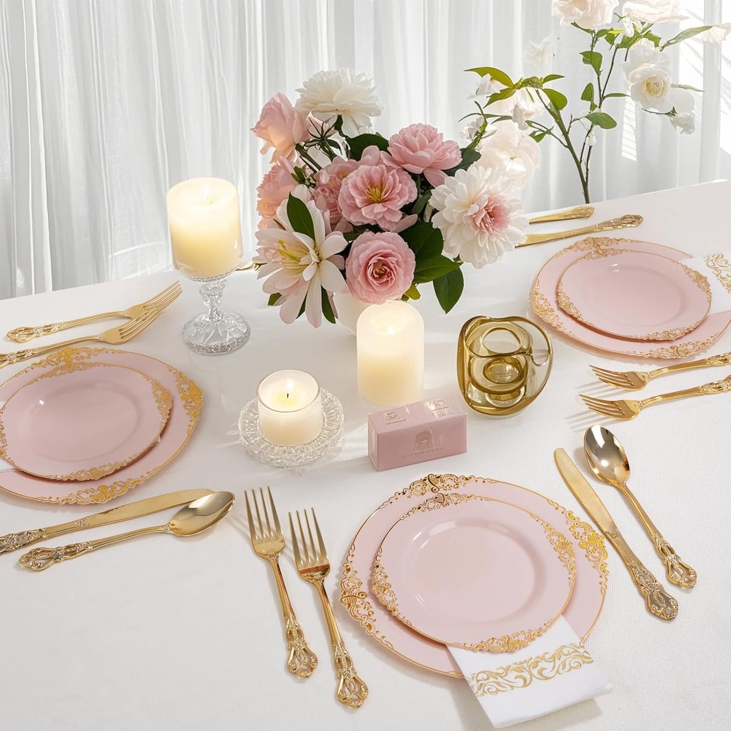 Ciaell 300PCS Pink and Gold Plastic Plates - Pink Disposable Dinnerware Sets for 50 Guests - 100 Plates, 50 Knives, 50 Forks, 50 Spoons, and 50 Napkins for Wedding, Anniversary and Party