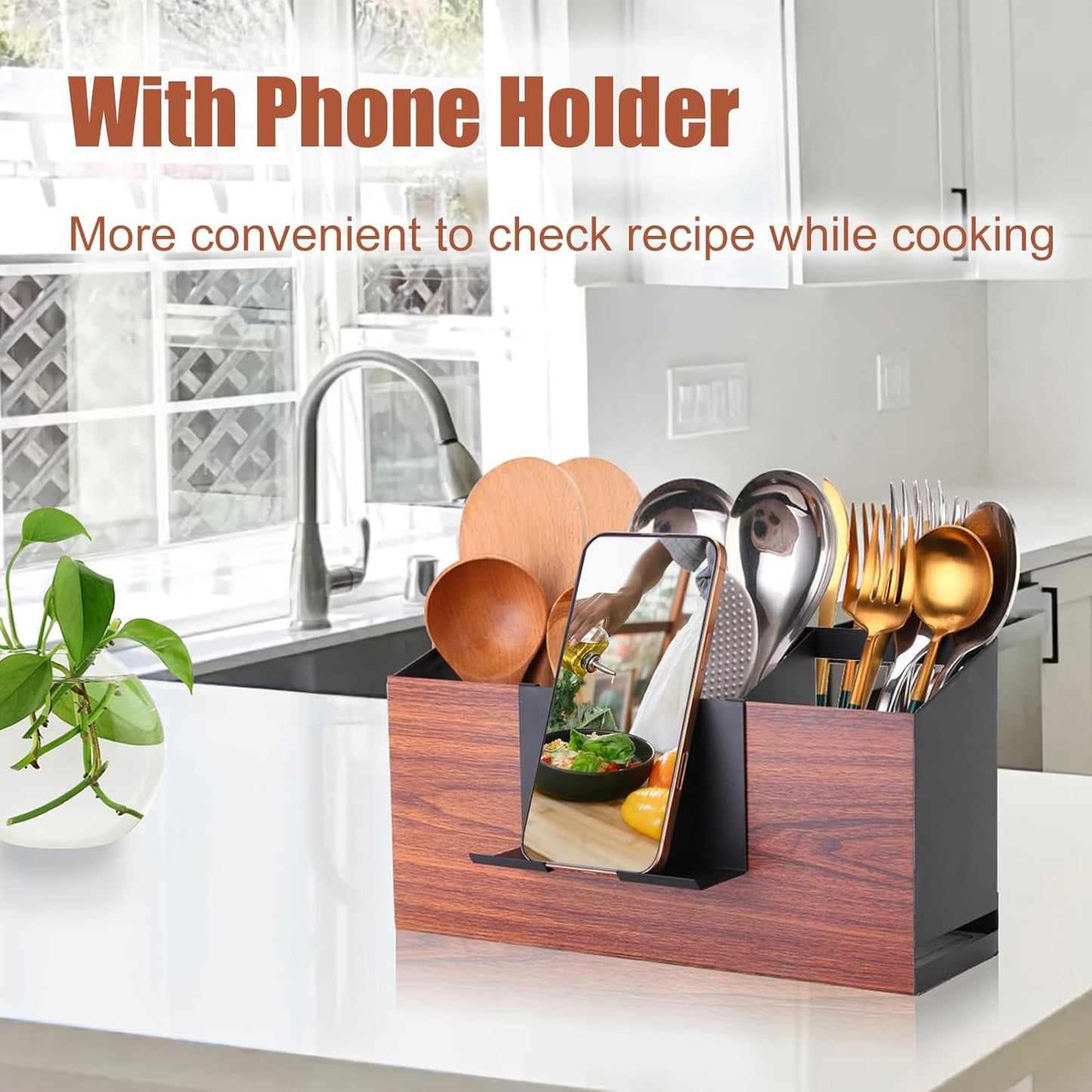 Utensil Holder Large Iron Flatware Container with 3 Compartments Countertop Wall-mounted Kitchen Utensil Storage (Black)