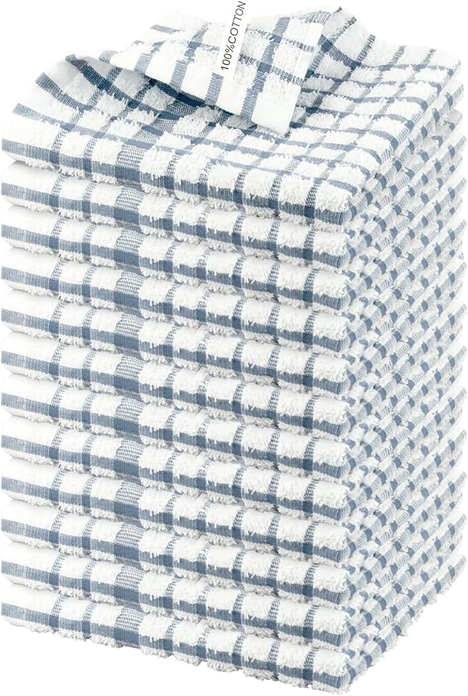 Nialnant 12PCS Kitchen Towels and Dishcloths Sets,100% Cotton Soft Absorbent Quick Drying Dish Towels for Kitchen,Washing Dishes-Little Blue Plaid,12 x 12 in