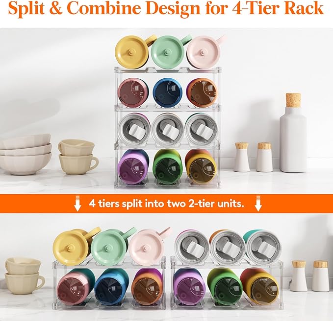 Lifewit Stackable Water Bottle Storage Organizer, Clear Freestanding Wine Bottle Holder for Cabinet, Tumbler Cup Organizer, Plastic Large Compartment Wine Rack for Fridge Cellar, 3Tier Hold 12