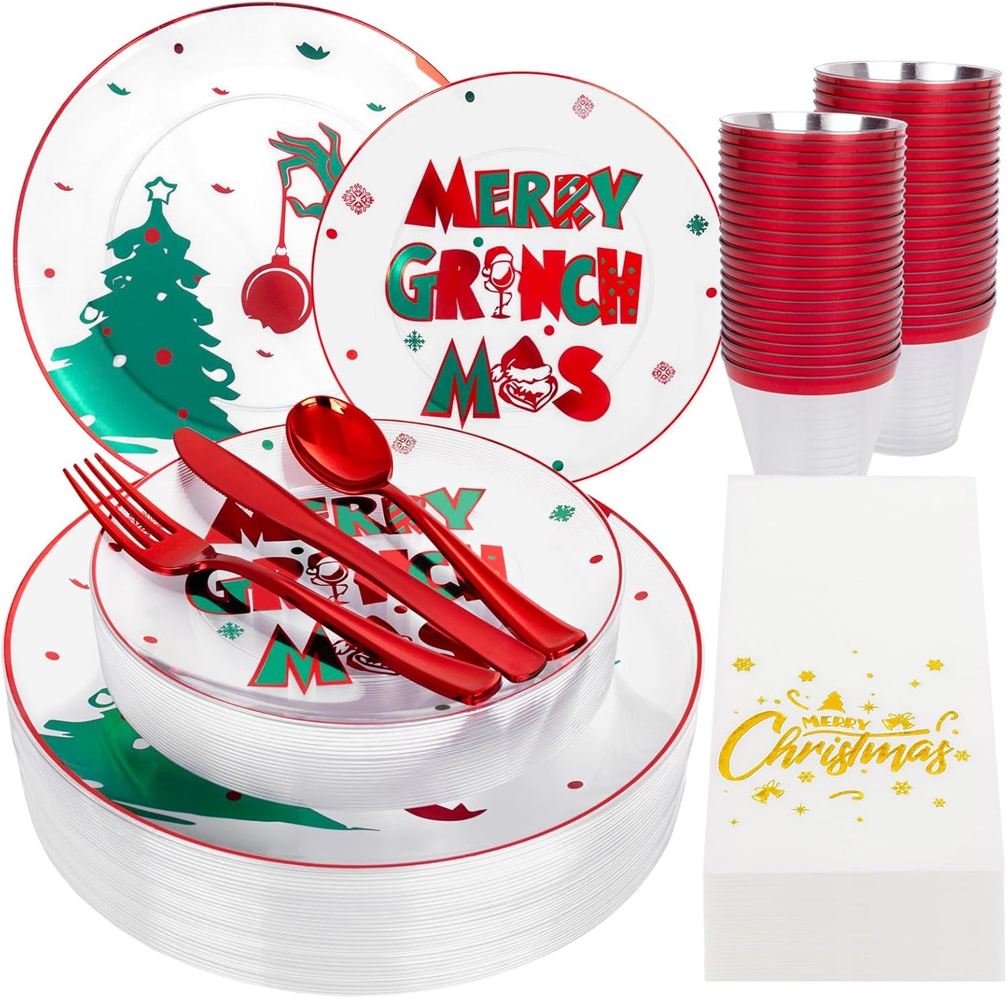 DaYammi 210Pcs Clear Green Monster Plastic Plates Disposable Christmas Dinnerware Set Include 30 Dinner Plates,30 Dessert Platos,30 Forks,30 Knives,30 Spoons,30 Cups,30 Napkins for Christmas Party