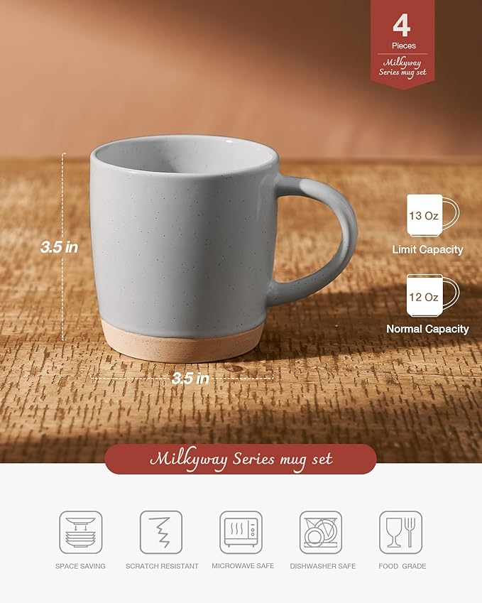 famiware Coffee Mugs for 4, 13 oz Mug Set, Dringking Cup with Handle for Coffee, Tea, Cocoa, Milk, Milkyway serise, Ligth Gray