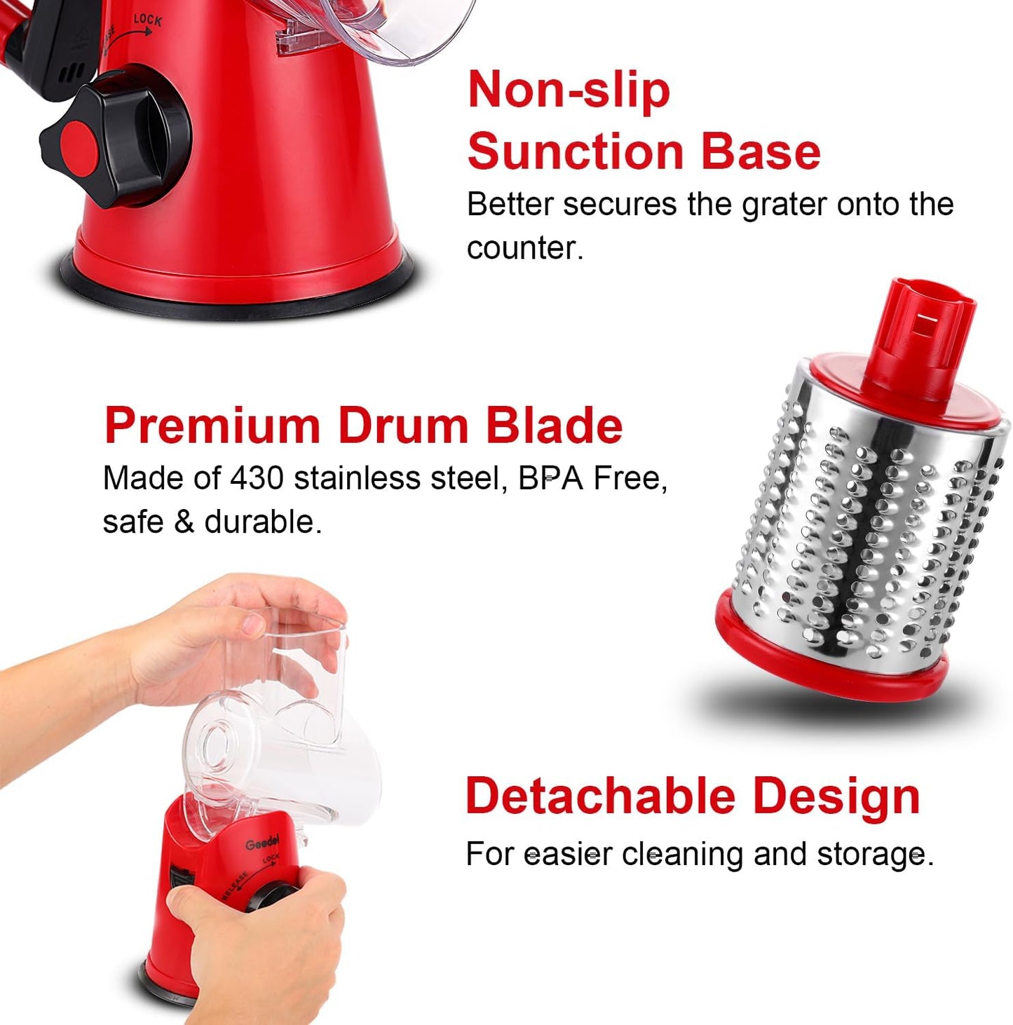 Geedel Rotary Cheese Grater, Kitchen Mandoline Vegetable Slicer with 2 Interchangeable Blades, Easy to Clean Rotary Grater Slicer for Fruit, Vegetables, Nuts