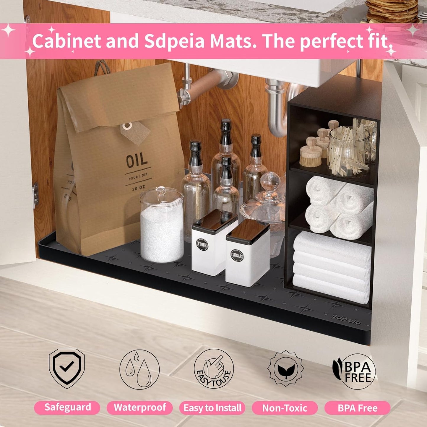 Sdpeia Under Sink Mat 31"×22" – Waterproof Silicone Cabinet Liner & Sink Protector for Kitchen & Bathroom, Multi-Purpose Organizers Tray for Pets, Laundry, Cat Litter Mat, Black