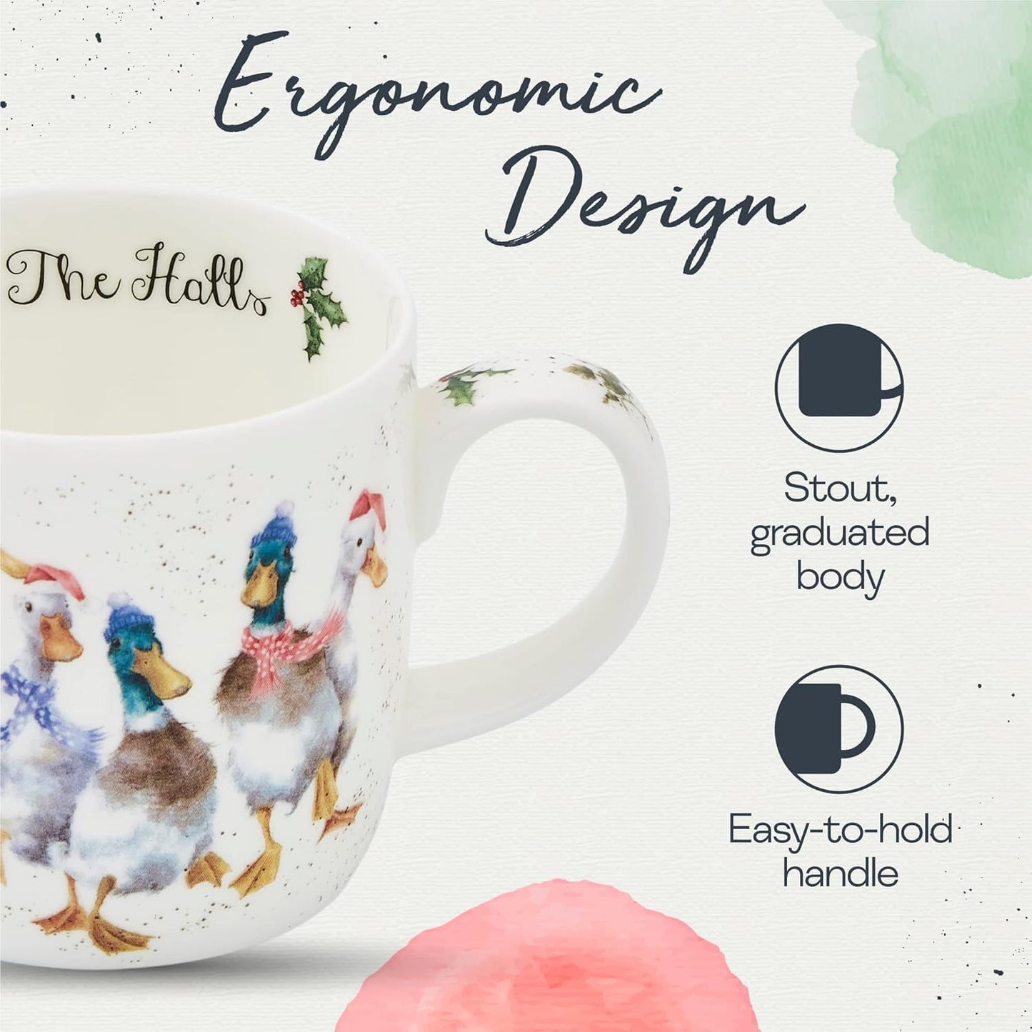 Royal Worcester 14 Oz Duck The Halls Christmas Mug with Duck Design - Fine Bone China Winter Holiday Coffee Mug, Microwave & Dishwasher Safe, Wrendale Designs Festive Holiday Tableware