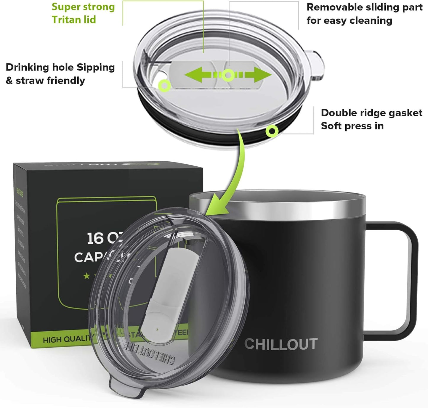 CHILLOUT LIFE Stainless Steel 16 oz Vacuum Insulated Coffee Mug with Handle and Lid, Large Thermal Camping Coffee Mug Cup with Durable Sliding Lid for Men & Women, Keeps your Beverages Hot &Cold