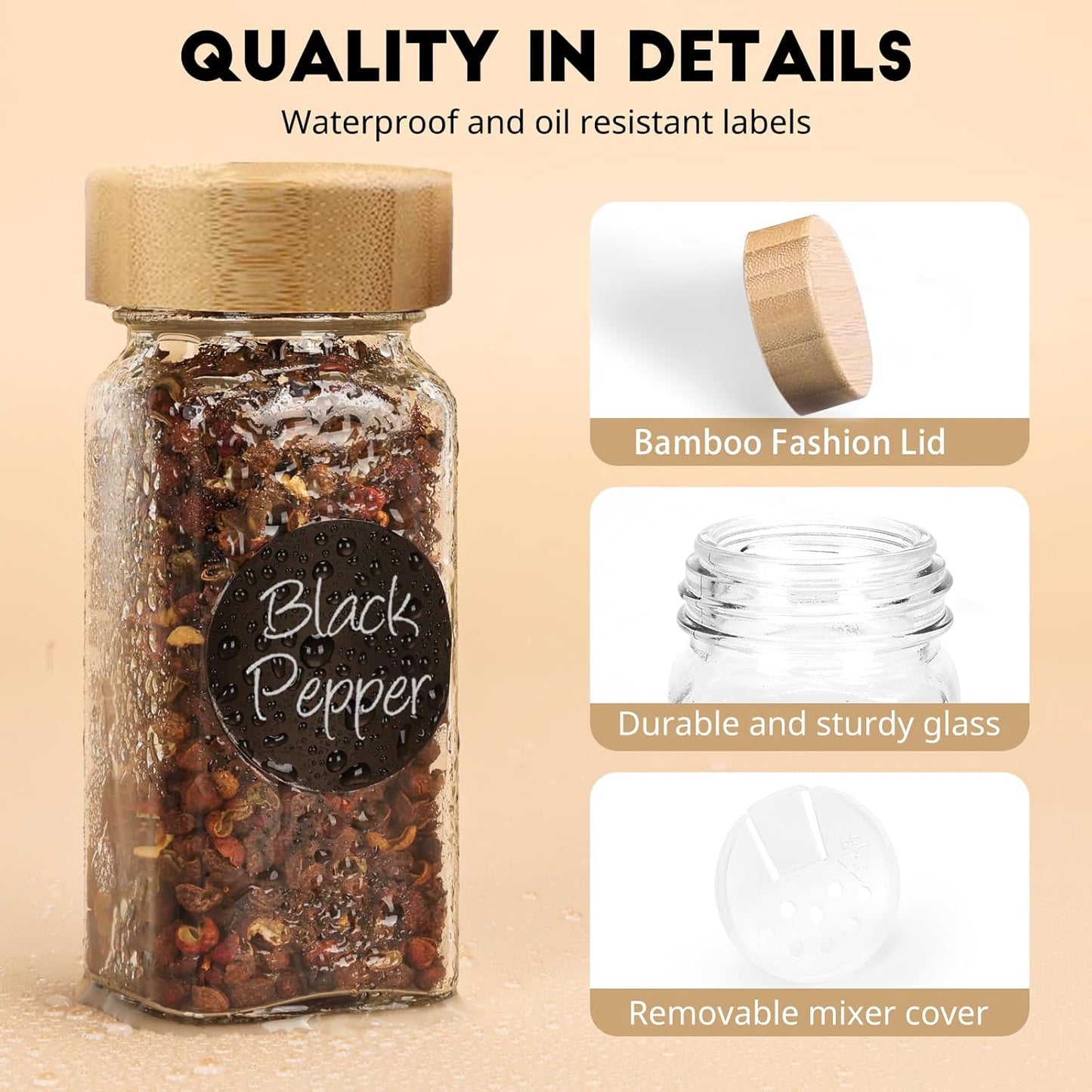 24Pcs Spice Jars with Label, 4oz Empty Square Seasoning Containers, Spice Jars with Shaker Lids, Small Spice Bottles for Salt, Herbs, Sugar, Pepper, Seasoning Jars for Spice Rack, Cabinet, or Drawer