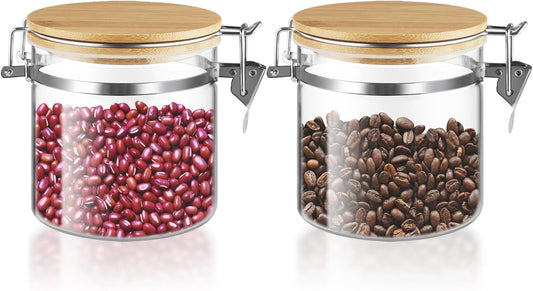 Set Of 2 Glass Jar With Bamboo Lids Empty Food Storage Jars With Locking Clamp Kitchen Canisters Glass Sealed Jar Container For Coffee Beans Sugar Tea Spices And More (550ml/18.3oz)
