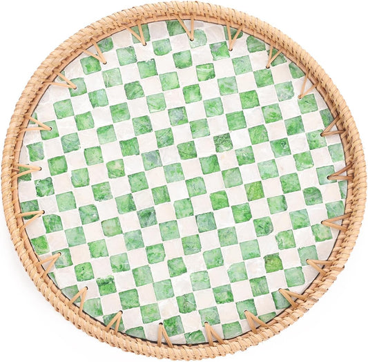Round Rattan Tray with Mother of Pearl Inlay, Rattan Serving Tray for Coffee, Bread, Fruits, Decorative Wicker Tray for Table Decor, Home Decor, Kitchen Island Decor(Green Checkerboard, 11.8")