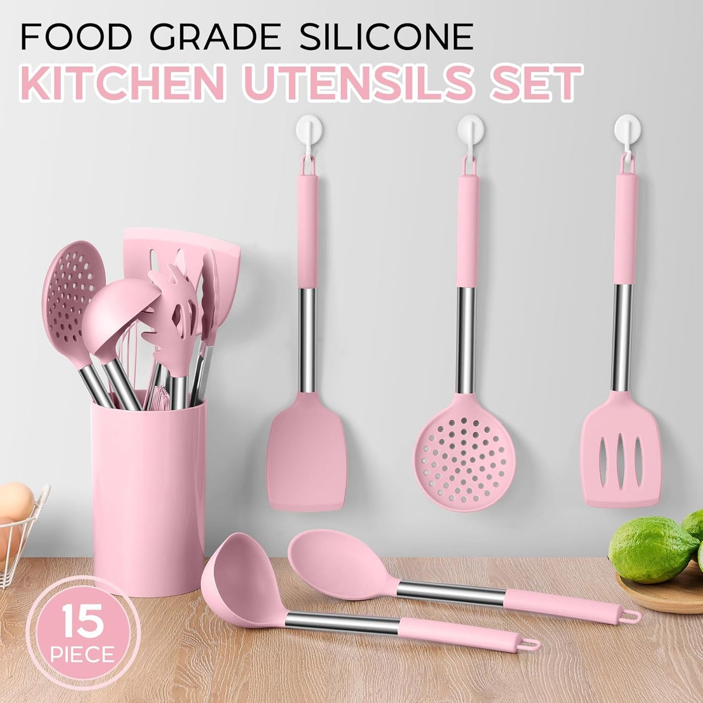 Silicone Utensils Set, Onader 15pcs Kitchen Cooking Utensils with Holder, Non-stick Cookware with Stainless Steel Handle, Kitchen Gadgets Tools Gift - Pink