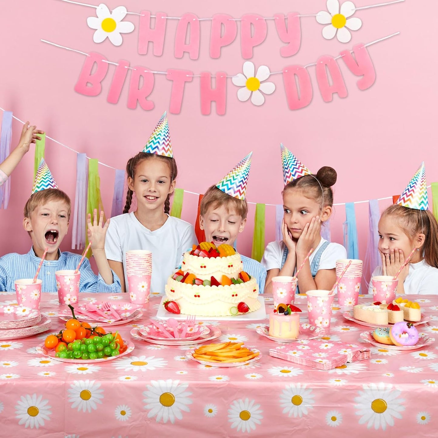 Sawysine 202 Pcs Daisy Happy Birthday Party Supplies Disposable Dinnerware Set 50 Plates 25 Cups 25 Napkins 25 Plastic Forks 25 Knives 25 Spoons 25 Straw Flag Tablecloth to Serve 25 Guests