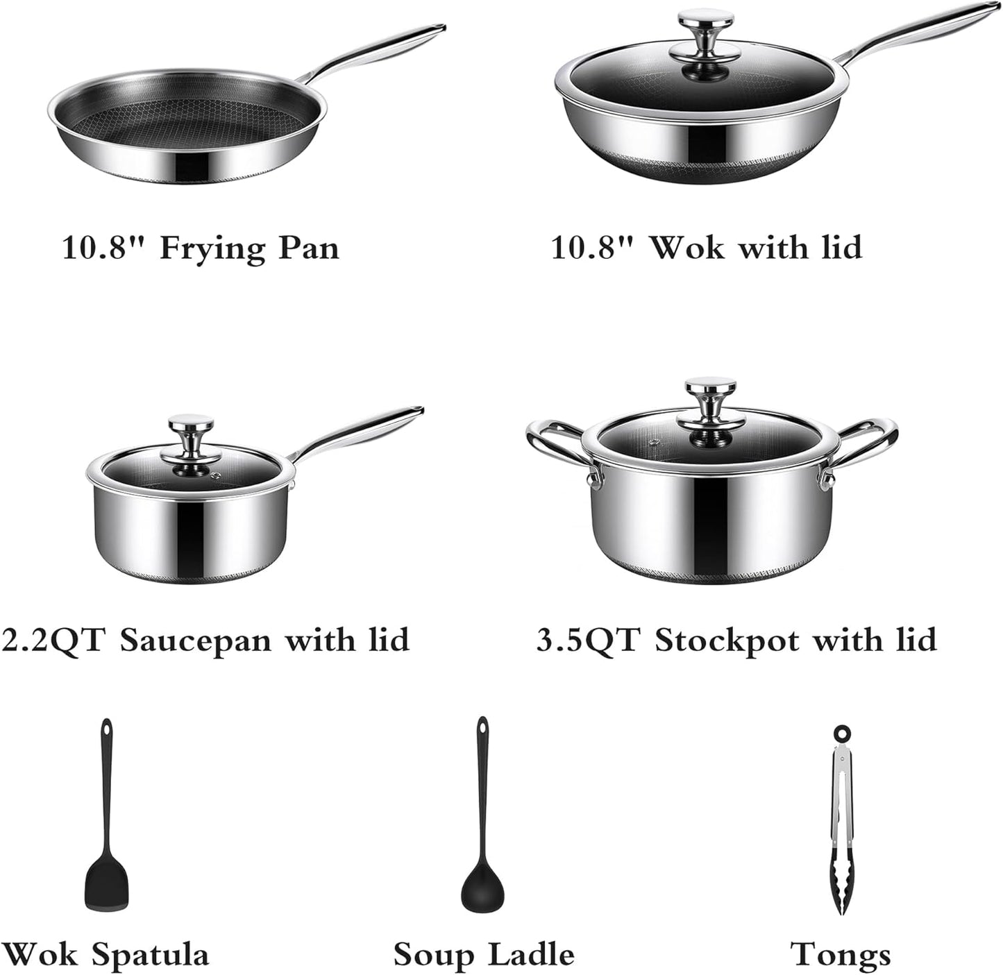 Non Stick Pots and Pan Set, 10 Pcs Hybrid Stainless Steel Cookware Set with Lids, Kitchen Skillet, Stock Pot, Nonstick Frying Pan, PFOA-free Kitchen Cooking Utensils,Induction,Dishwasher Safe