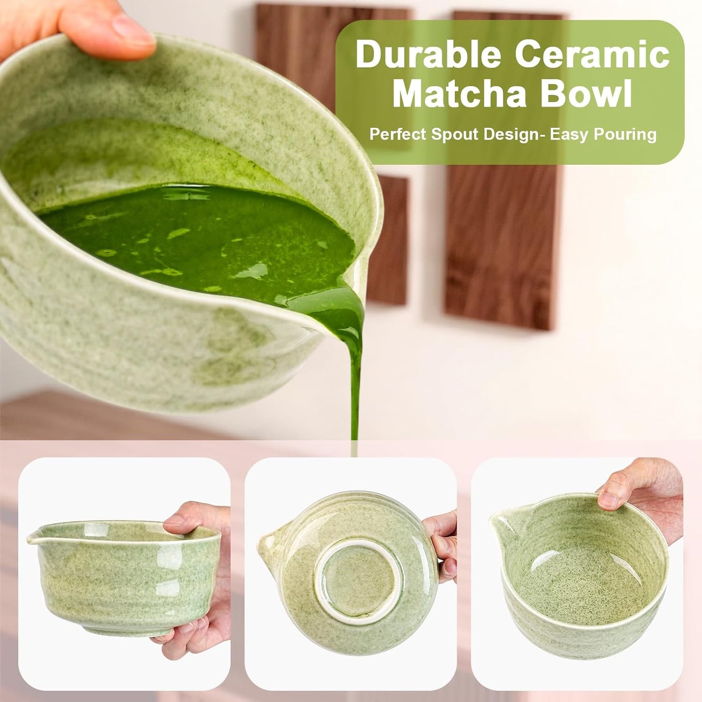 Matcha Set, 5 Pcs Matcha Whisk Set Includes Ceramic Matcha Bowl with Spout, Bamboo Matcha Whisk Chasen, Holder,Scoop,Sifter, Matcha Kit for Making Breakfast & Latte, Gift for beginners(Green)