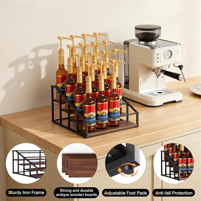 Coffee Syrup Organizer Rack, Liquor Bottle Display Shelf, 4 Tier 16 Syrup Bottles Holder Stand for Coffee Bar Kitchen Small Wine Rack for Family Storage for Syrup Wine Dressing