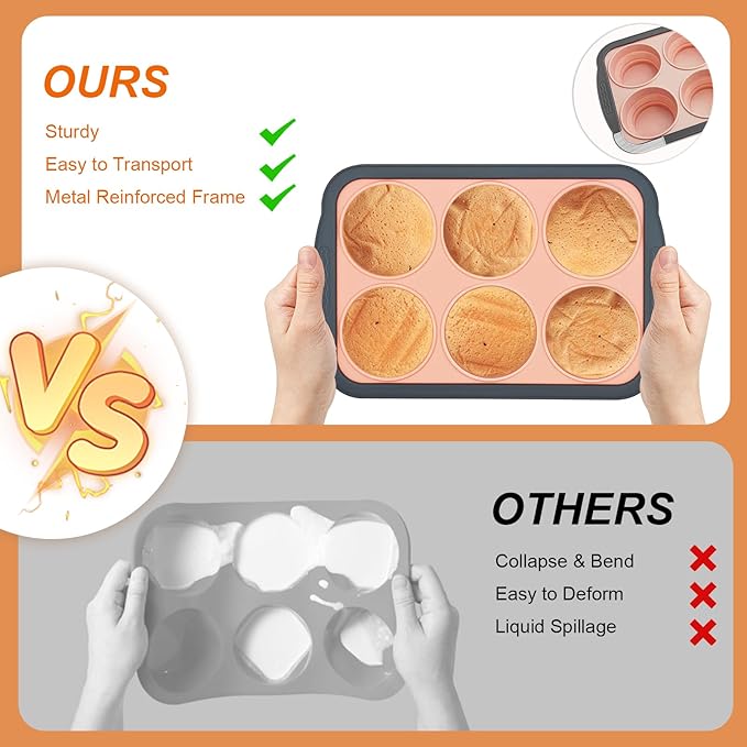 Silicone Muffin Pans for Baking with Metal Frame, 6 Cup Silicone Muffin Pan, Nonstick Cupcake Pan, BPA Free Muffin Tins Easy to Pop Cupcake Baking Pan Molds for Oven Dishwasher Safe Pink