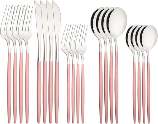 Silverware Set – 20 Piece Family Dinnerware Set – Flatware Set Service For 4 – Pink Silver Tableware Sets – Cutlery Great For Family Gatherings & Daily Use – Spoons, Knives, Forks