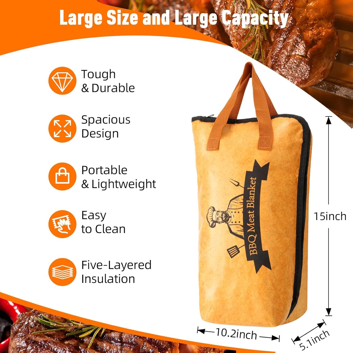 BBQ Blanket for Resting Meat, Reusable Smoker Grilling Meat Insulated Resting Bag with Wide Mouth for Large Brisket/Beef/Pork Shoulders/Turkeys (BBQ Blanket 15in)