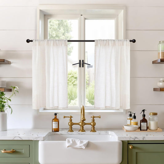 BGment Short Semi Sheer Linen Curtains 30 Inch Length for Windows, Small Drapes Lightweight Rustic Country Textured for Cafe Over Sink Decor Rod Pocket, 2 Panels Set, 24 Inch Wide Each Panel