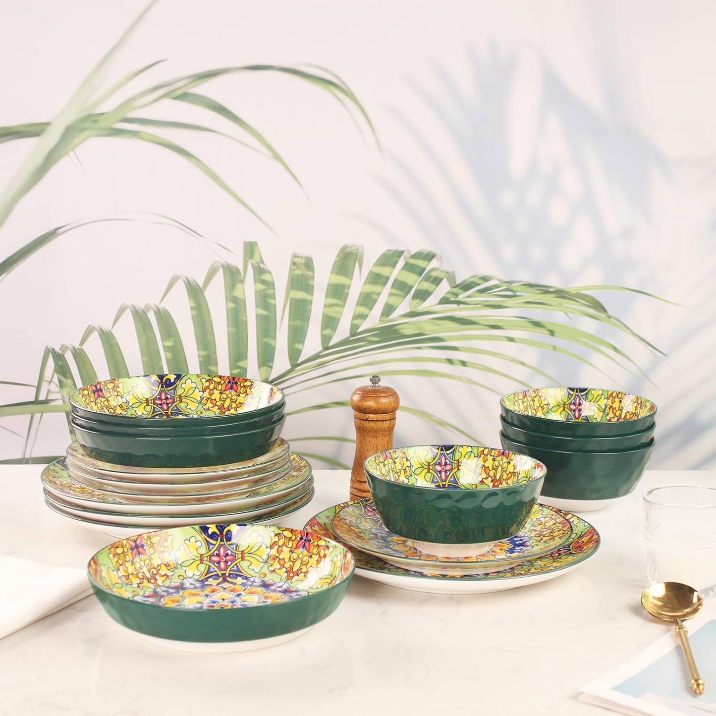 Mandala Dinnerware Sets, Plates and Bowls Set, Porcelain Dishes Service for 4, Zanzibar, Bohemian Style Dining Ware, for Kitchen and Dining Multicolor Dinnerware Set, Green 16 pieces