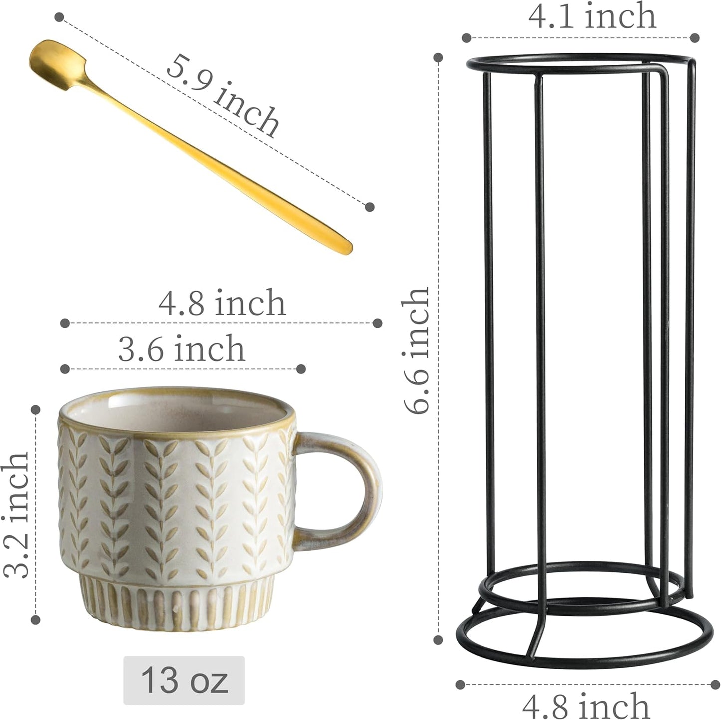 Coffee Mugs Set of 4 with Spoons & Stand, Stackable Espresso Cups 13oz Coffee Mug for Drinks Latte Cappuccino Tea, Coffee Cup for Women Men Couples Housewarming Birthday Gift, Dishwasher Safe