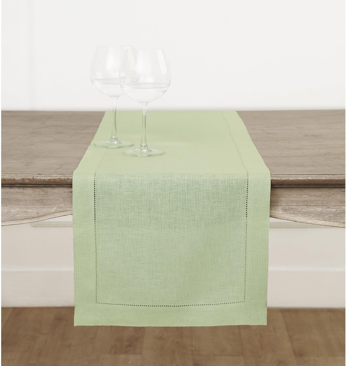 Solino Home Linen Sage Green Table Runner 90 Inches Long - 100% Pure Linen Hemstitch 14 x 90 Inch Table Runner for Dining, Fall, Autumn, Thanksgiving, Christmas - Classic Hemstitch