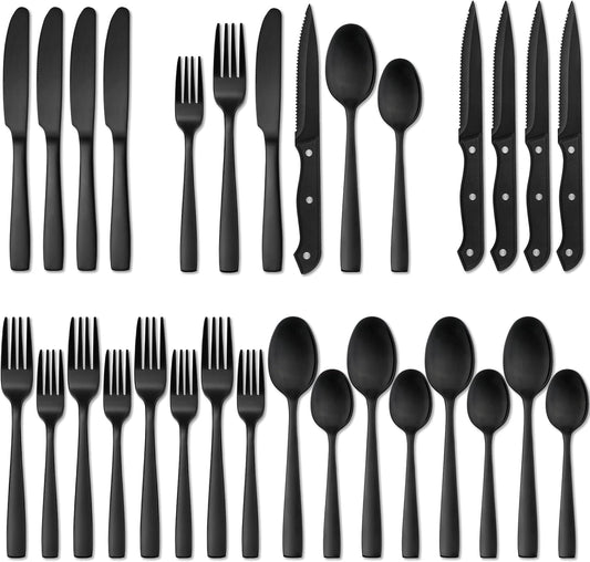 Hiware 24 Pieces Matte Black Silverware Set with Steak Knives for 4, Stainless Steel Flatware Utensils Set, Hand Wash Recommended
