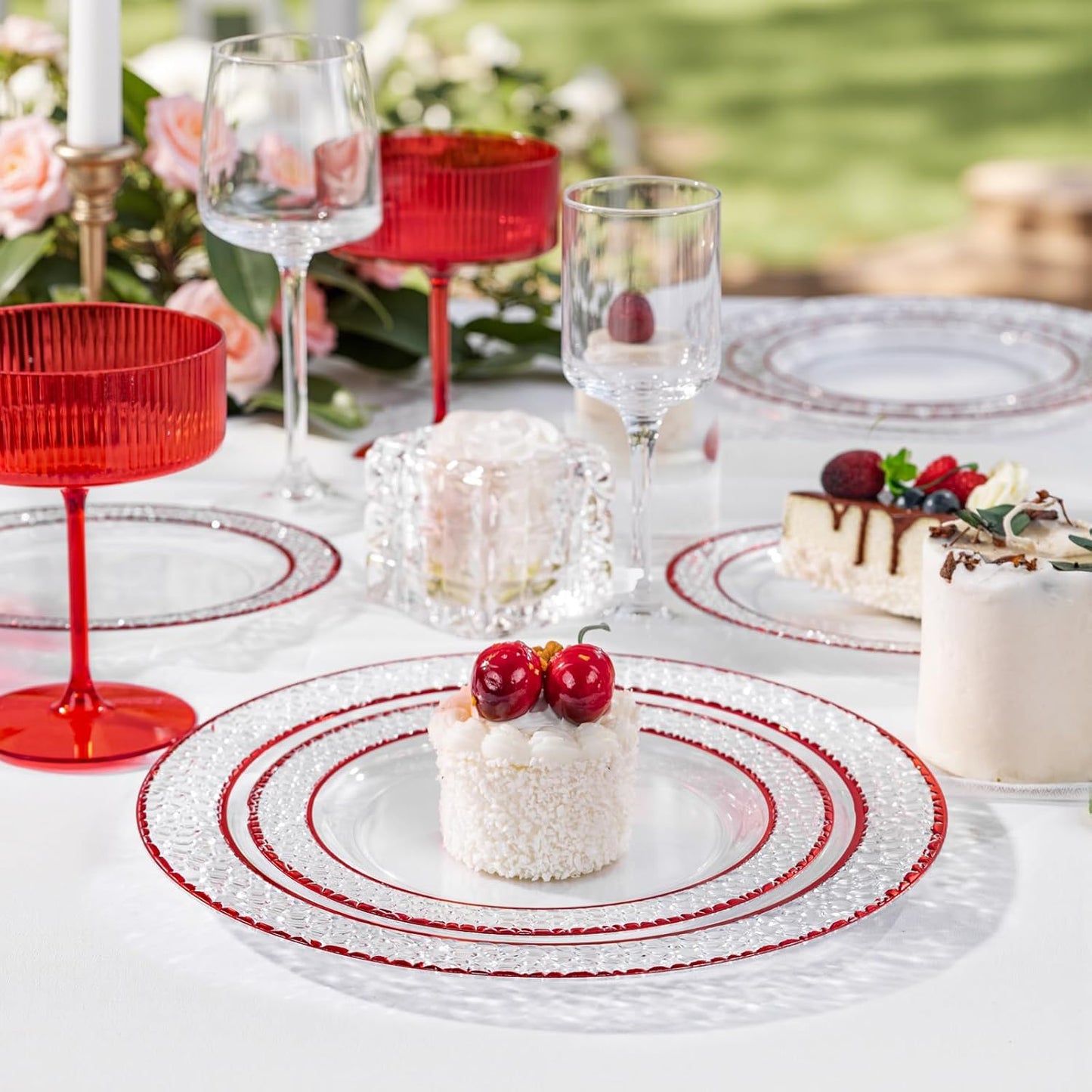 Ciaell 150 PCS Red Plastic Plates – Clear Hammered Disposable Plates with Red Rim include 50Plates, 25Forks, 25Knives, 25Spoons, 25Cups for Wedding & Party & Anniversary & Christmas