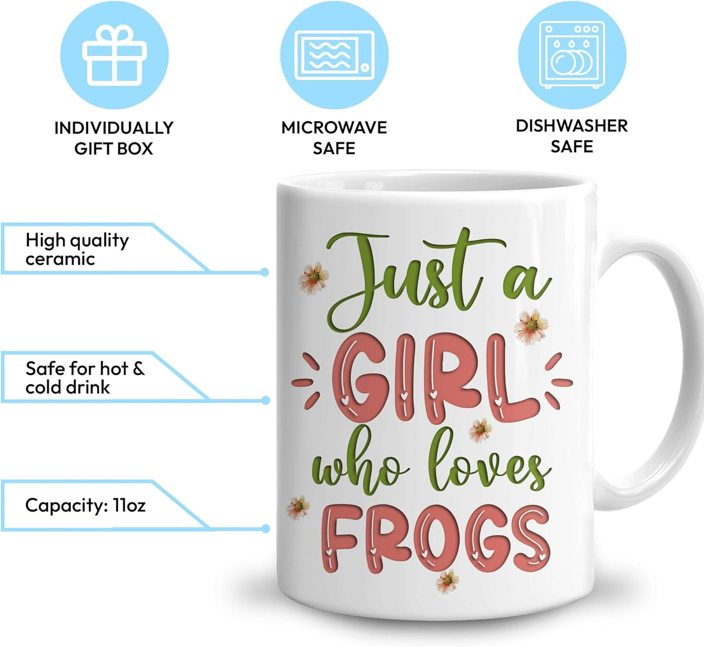 Hyturtle Personalized Gifts Frog Lover - Just A Girl Who Loves Frogs Custom Name Ceramic Coffee Mug Cup 11oz - Idea Cute Animal Lover Gifts For Women, Girl kid Daughter On Birthday, Christmas