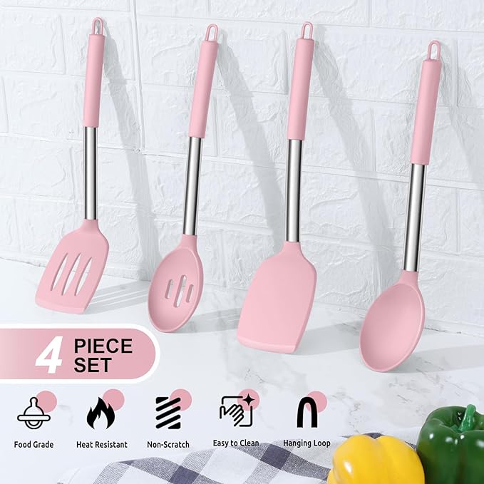 E-far Cooking Utensils Set of 4, Silicone Kitchen Utensils for Non-stick Cookware, Heat Resistant & Non-toxic Slotted Spatula Solid Spoon Turner for Flipping Mixing Serving Basting(Pink)