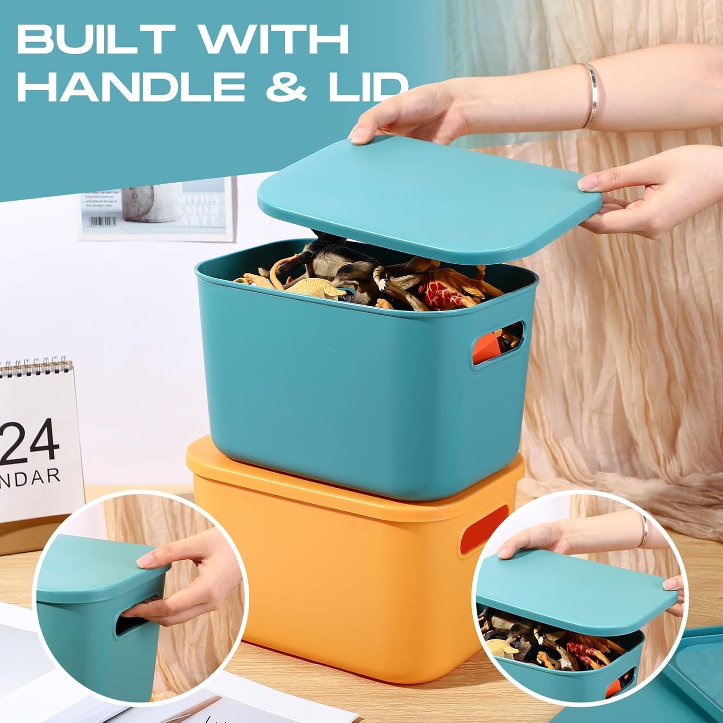 Hoolerry 8 Pieces Colorful Storage Bins with Lid, Plastic Storage Basket Organizing Container Stackable Box with Handle for Shelves Desktop Playroom Office(10.2 x 7 x 6.3 Inch,Green and Yellow)