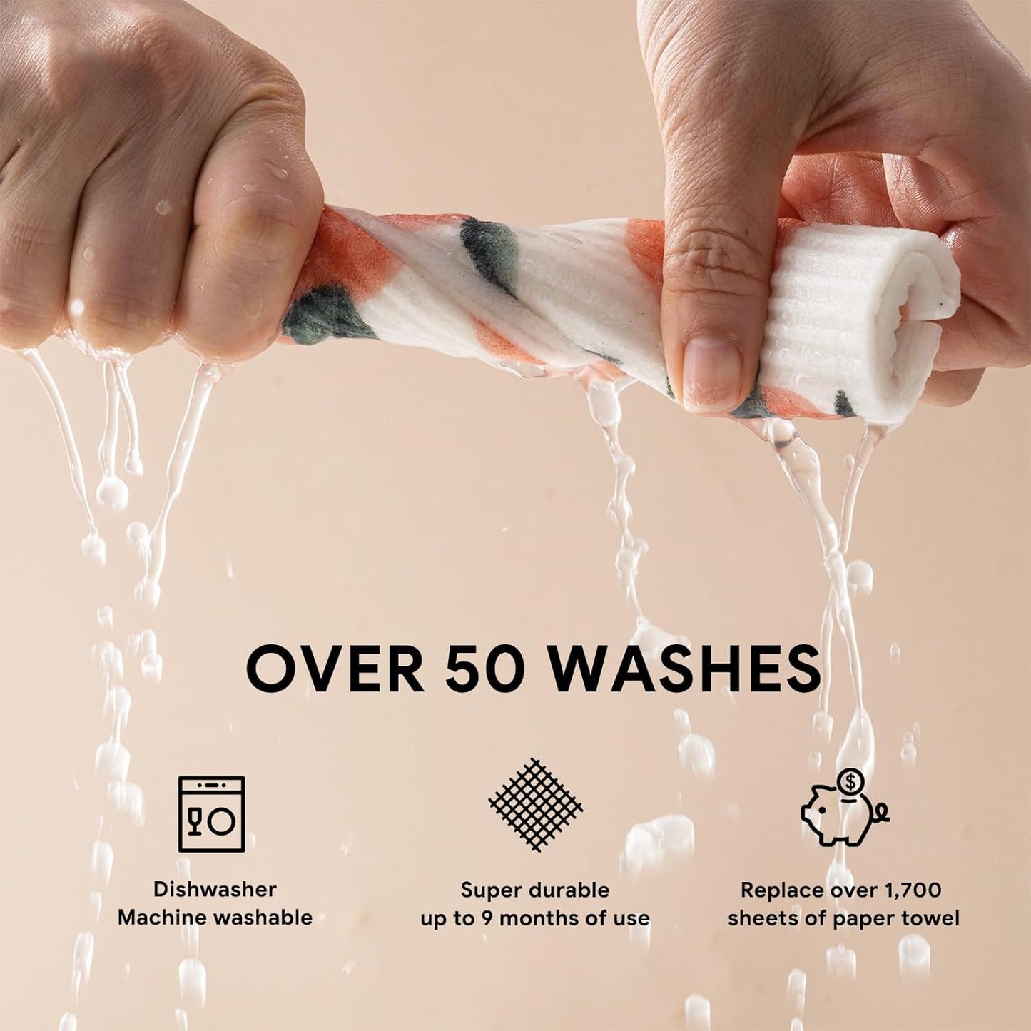 RECYCO Swedish Dishcloths for Kitchen | 5 Pack Peachy Leaves Washable Dish Rags | Cellulose Reusable Cleaning Paper Towels | Absorbent Counter Dish Cloth Sponge Kitchen Wipes, 8" L x 7" W