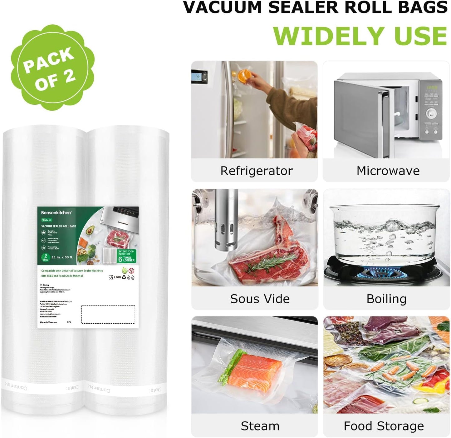 Bonsenkitchen Vacuum Sealer Bags, 11 in x 50 ft Rolls 2 Pack Seal Bags for Food Storage Saver, BPA Free, Commercial Grade Textured Food Roll Bags, Customized Size Bag for Sous Vide Cooking,VB3210