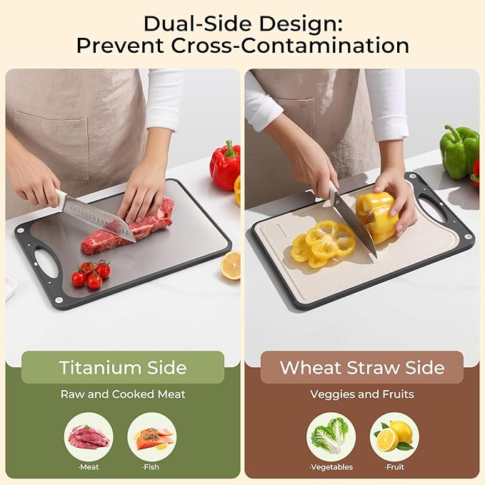 Titanium Cutting Board 15x10 Inch, Single Board Double Sided Chopping Board for Kitchen, Hygienic and Food Grade Pure Titanium & Wheat Straw Surface, Easy to Clean