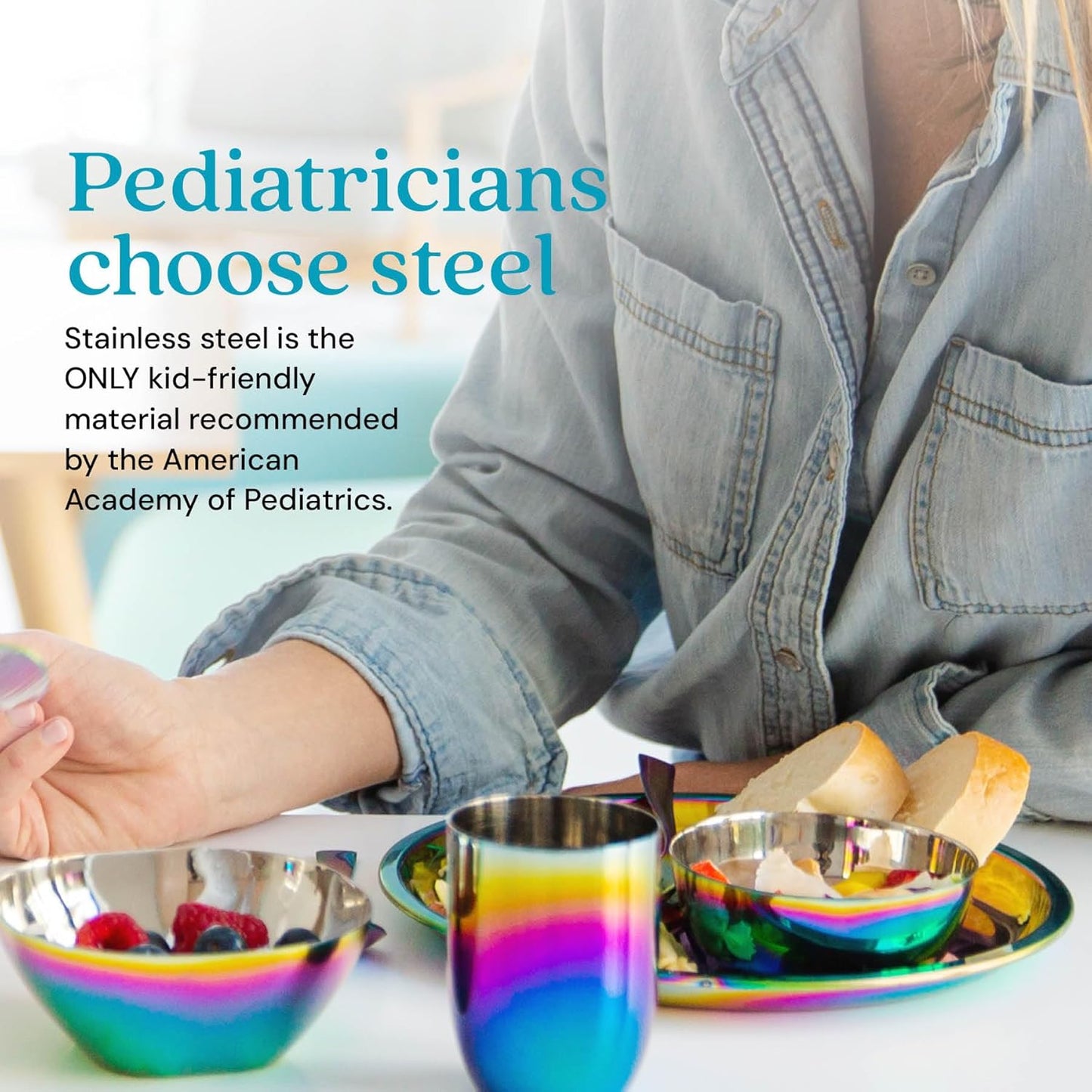 Ahimsa Stainless Steel Kids Plates - 9" Round Rainbow Toddler Plates, Non Toxic Plate, BPA Free & Dishwasher Safe (Single)