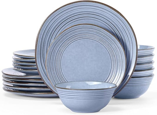 Famiware Plates and Bowls Sets 18-Piece Stoneware Dinnerware Sets, Dishes Set for 6, Hand-made Reactive Glaze Dish Set, Twilight Series, Blue