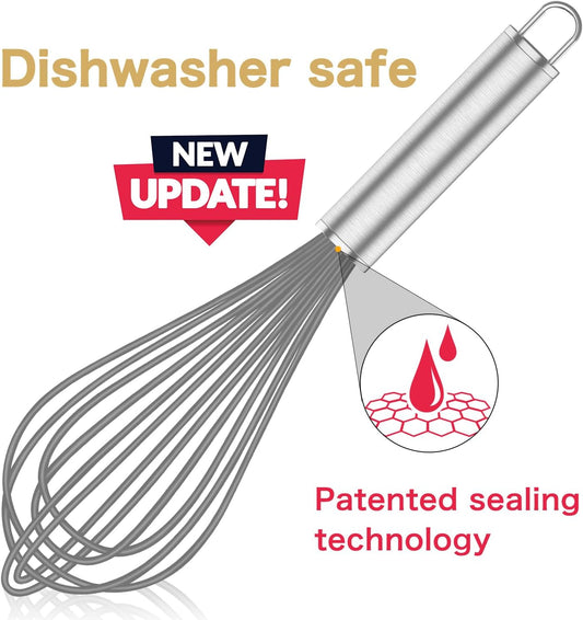 Grey Silicone Whisk, Professional Whisks For Cooking Non-Scratch, Stainless Steel & Silicone Wisk, Plastic Rubber Whisk Tool For Nonstick Cookware Pans, Silicon Wisks Set of 3