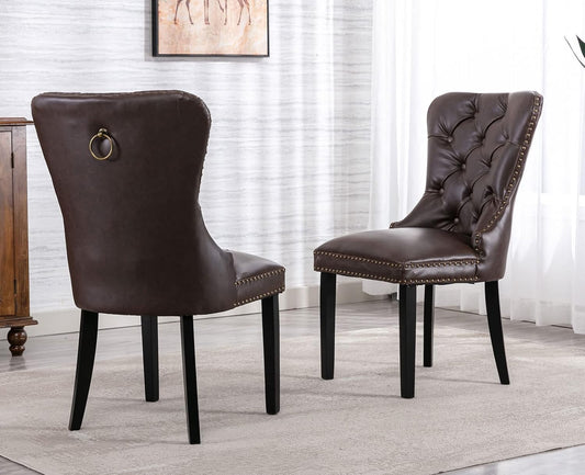 PU Leather Dining Chairs Set of 2 Mid Century Modern Tufted Chairs Armless Rubber Wood Vintage Chairs Upholstered Nailhead Side Chair for Kitchen/Cafe Decor Furniture, Coffee with Pull Ring