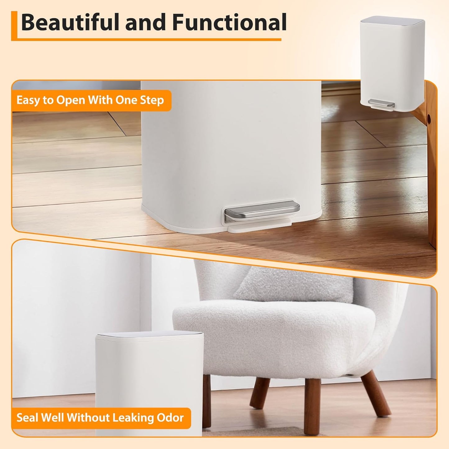 Trash Can with Lid, 5.3 Gallon Stainless Steel Garbage Bin for Kitchen, Rectangular Trash Can with Step-On Pedal and Inner Bucket for Home Office Bathroom Living Room (20 L, White)